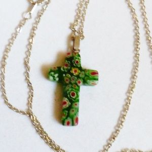 Silver tone chain neckclase 18"L Green Millefiori art Glass cross pendant